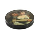 A Stobwasser papier mache snuff box, painted with lovers, signed and numbered 5642, 9.5cmLooks to be