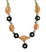 A 20th century Italian 18ct gold, coral black onyx and diamond set drop necklace, 41cm, gross weight