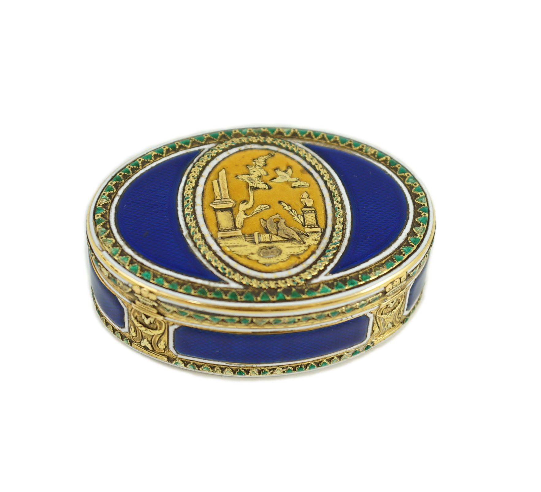 A late 18th/early 19th century French? gold and polychrome enamel oval snuff box, the central