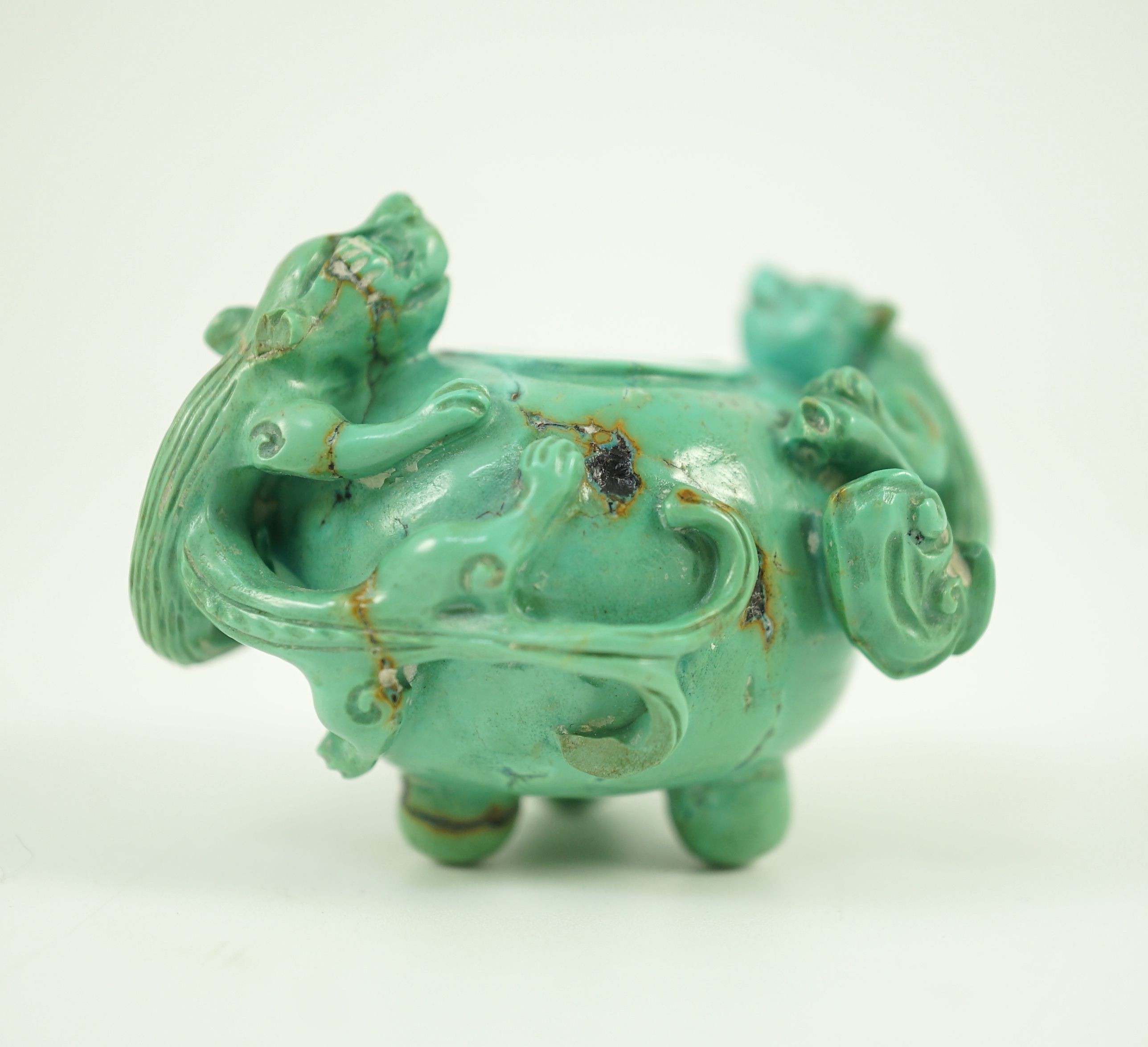 A small Chinese turquoise matrix waterpot, 18th/19th century carved in high relief and open work - Image 5 of 16