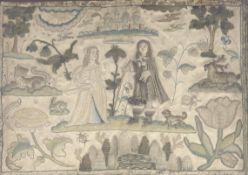 A 17th century English stumpwork panel, depicting a noble couple with castle beyond, leopard and
