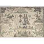 A 17th century English stumpwork panel, depicting a noble couple with castle beyond, leopard and