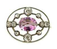 A 19th century gold and silver, pink topaz and diamond set openwork oval brooch, 24mm, gross