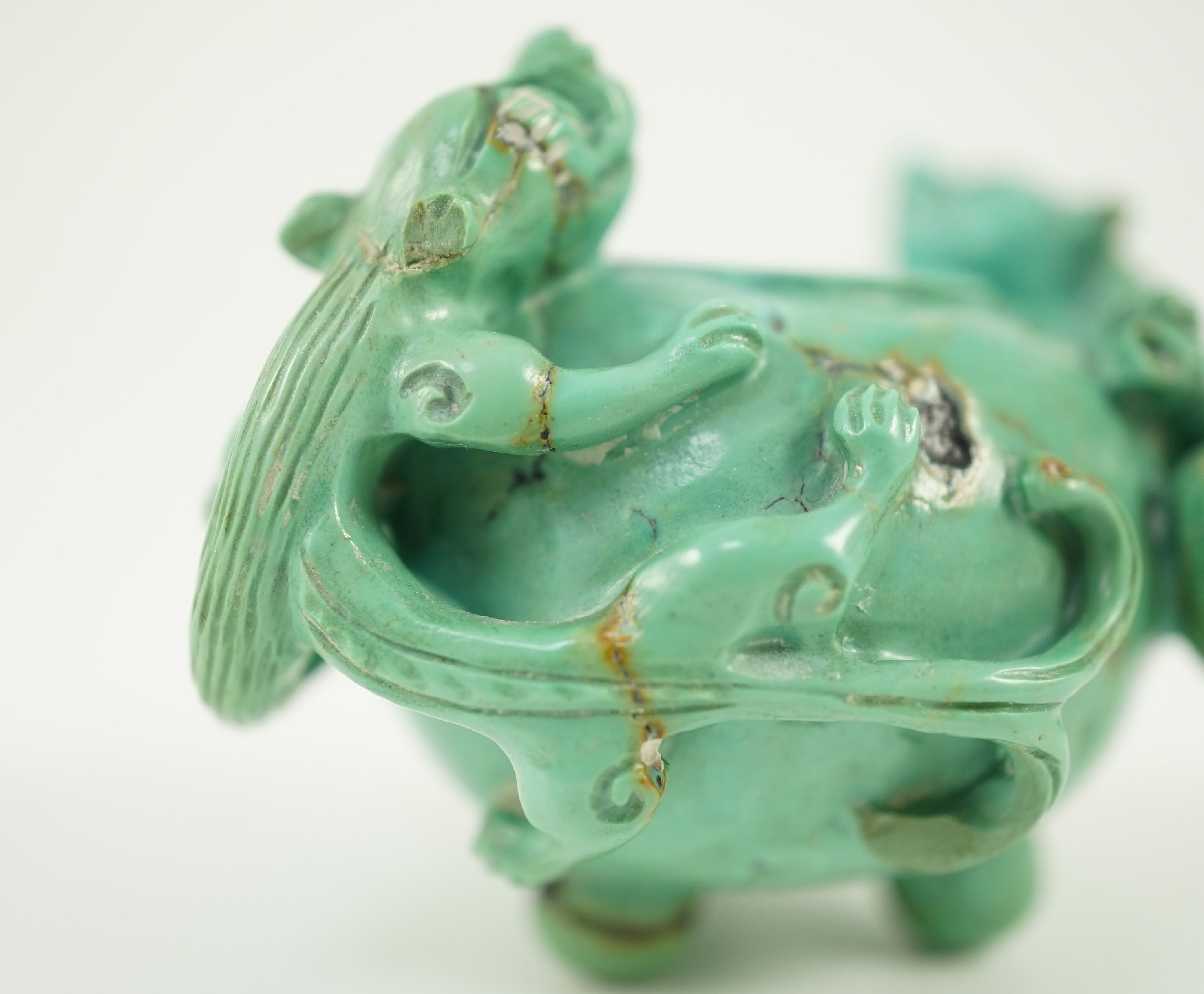 A small Chinese turquoise matrix waterpot, 18th/19th century carved in high relief and open work - Image 9 of 16