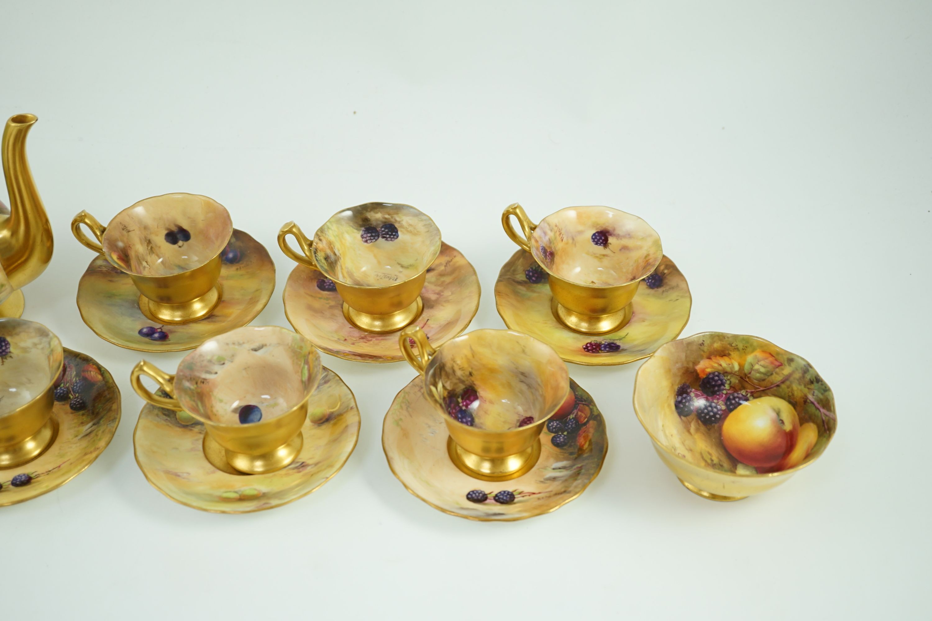A Royal Worcester fruit painted coffee set, c.1924/25, painted by H N Price, W H and R. Austin, H. - Image 4 of 13