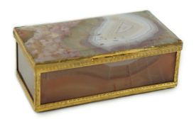 A German gold mounted banded agate rectangular snuff box, the top and base with bevelled corners,