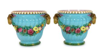 A pair of Minton classical revival majolica jardinieres, late 19th century, each gadrooned and