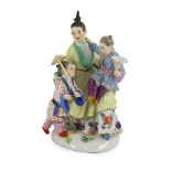 A Meissen group of a Chinese woman and two children, 20th century, blue crossed swords mark and