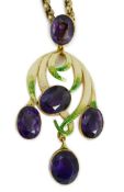 An early 20th century continental gold, enamel and five stone oval cut amethyst set drop pendant, of