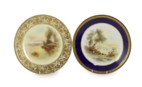 Two Royal Worcester Stinton painted ‘cattle at dusk’ plates, c.1912, the first painted by Harry