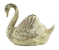 A large 1980's textured parcel gilt silver centrepiece, modelled as a swan, by Mappin &Webb, London,