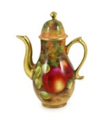A small Royal Worcester fruit painted coffee pot, by E. Townsend, date code for 1932, painted with