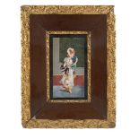 An early 20th century Italian pietra dura plaque depicting an elegant lady holding a lorgnette and