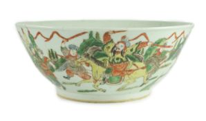 A Chinese famille verte ‘warriors’ bowl, 19th century, The exterior painted with a battle scene with