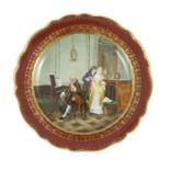 A Meissen outside decorated dish, 19th century, painted with a courting couple in a music salon,