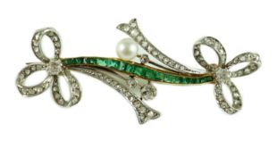 A Belle Epoque gold and platinum, emerald, diamond and seed pearl set twin ribbon bow bar brooch,