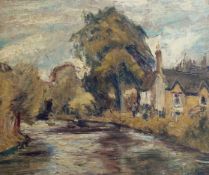 § § Ronald Ossory Dunlop (1894-1973) River landscape with house and treesoil on canvas boardsigned49