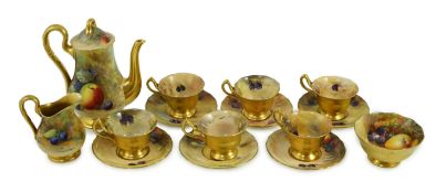 A Royal Worcester fruit painted coffee set, c.1924/25, painted by H N Price, W H and R. Austin, H.
