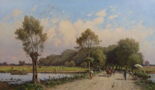 Aleksander Swieszewski (Polish, 1839-1895) Water meadows in Poland, a wooded landscape with a river,