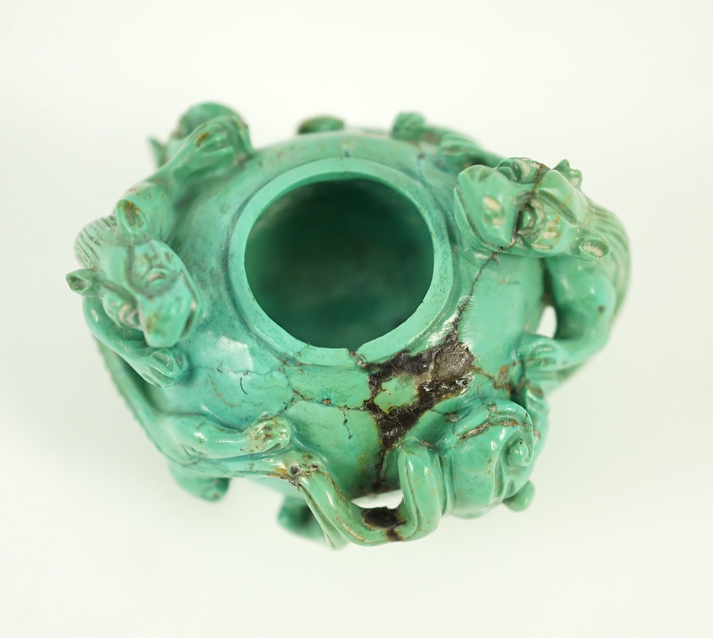 A small Chinese turquoise matrix waterpot, 18th/19th century carved in high relief and open work - Image 7 of 16