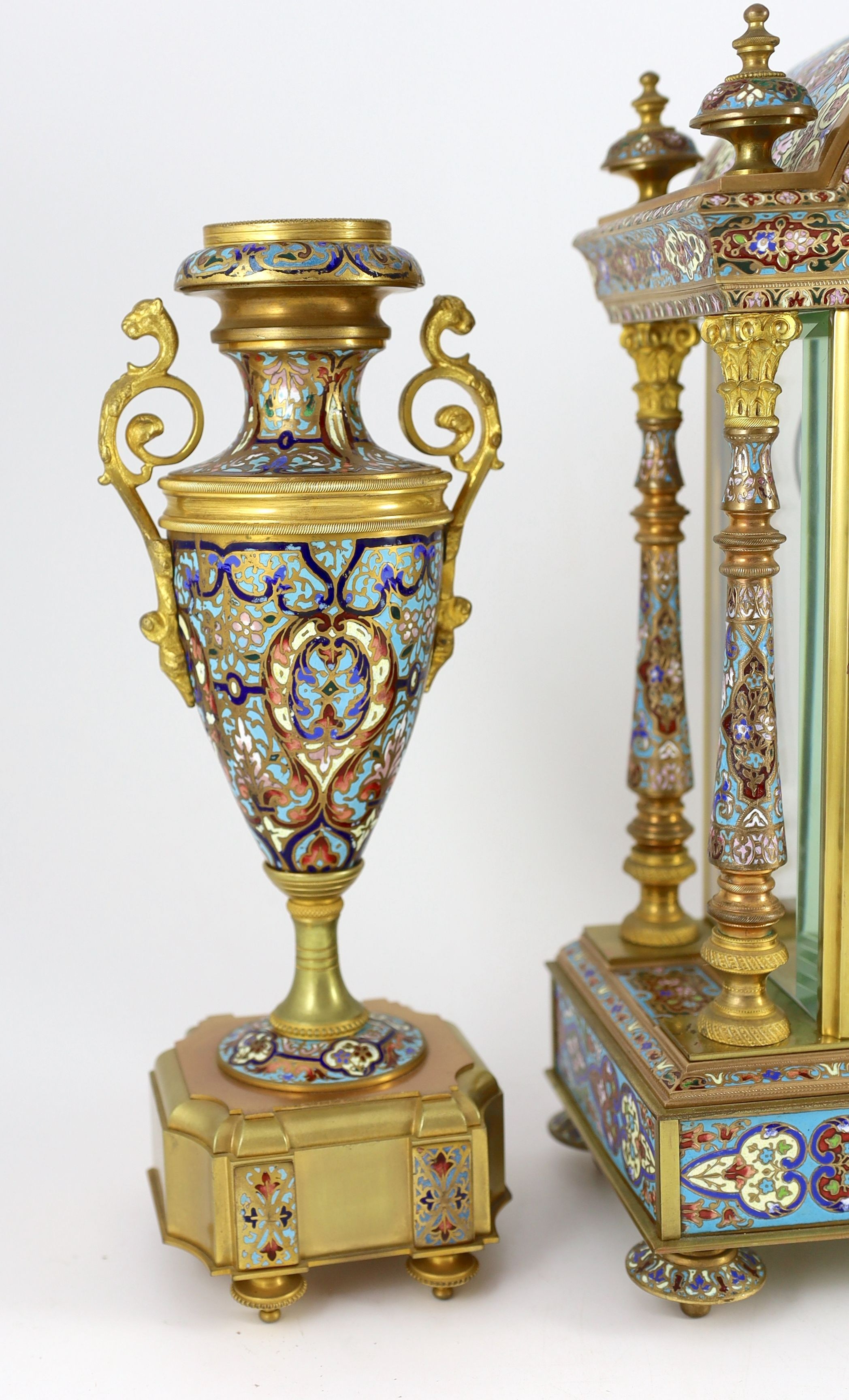 An early 20th century French ormolu and champleve enamel clock garniture, the mantel clock of - Image 2 of 6