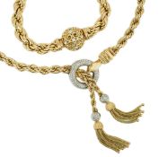 A modern heavy Middle Eastern gold and diamond set rope twist drop tassel necklace, together with