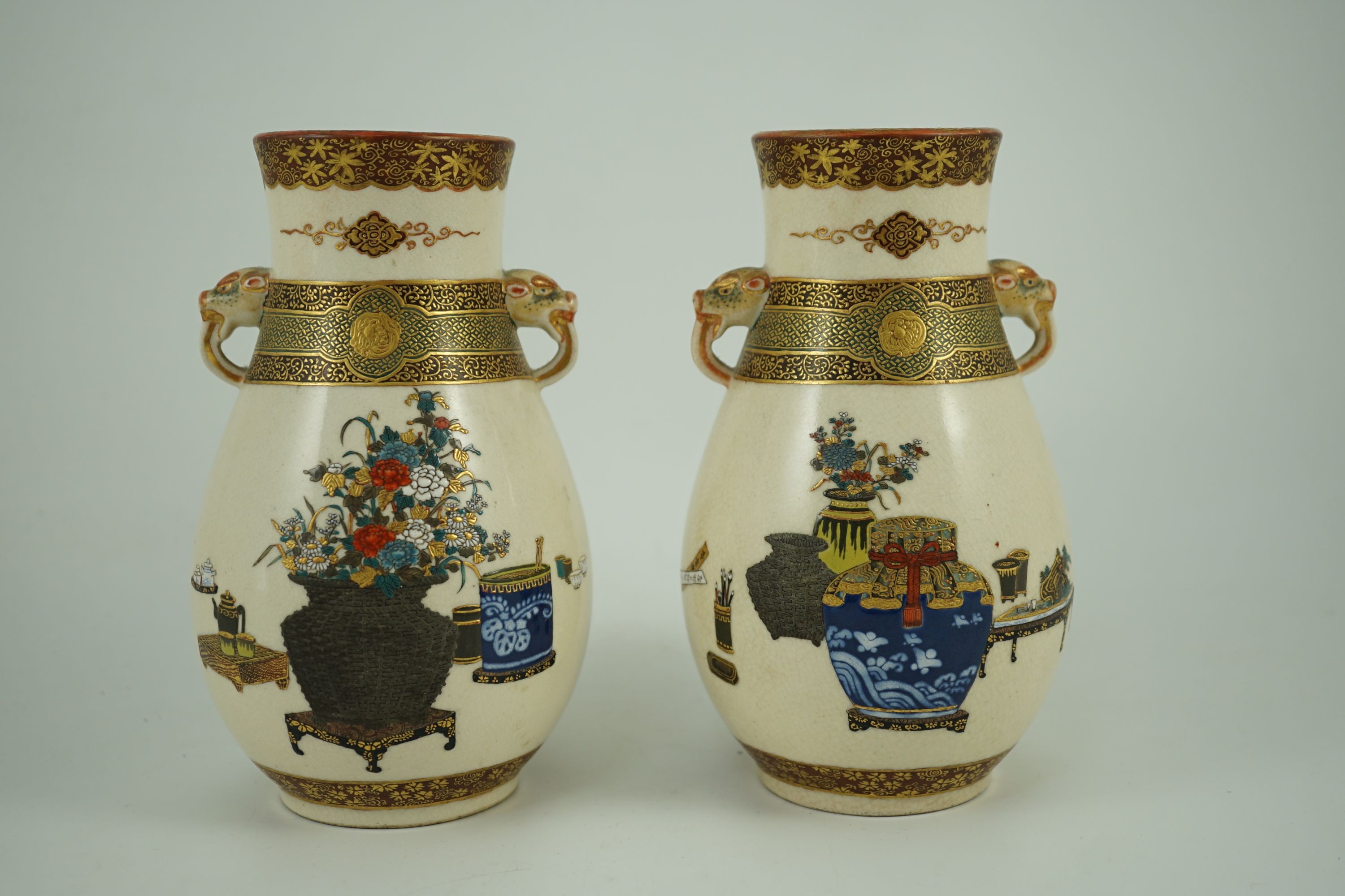 A pair of Japanese Satsuma pottery vases, by Bizan, Meiji period, of pear shape applied with a - Image 5 of 17