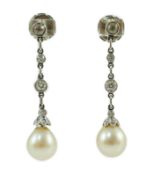 A pair of white gold, diamond and cultured pearl set drop earrings, set with old and rose cut