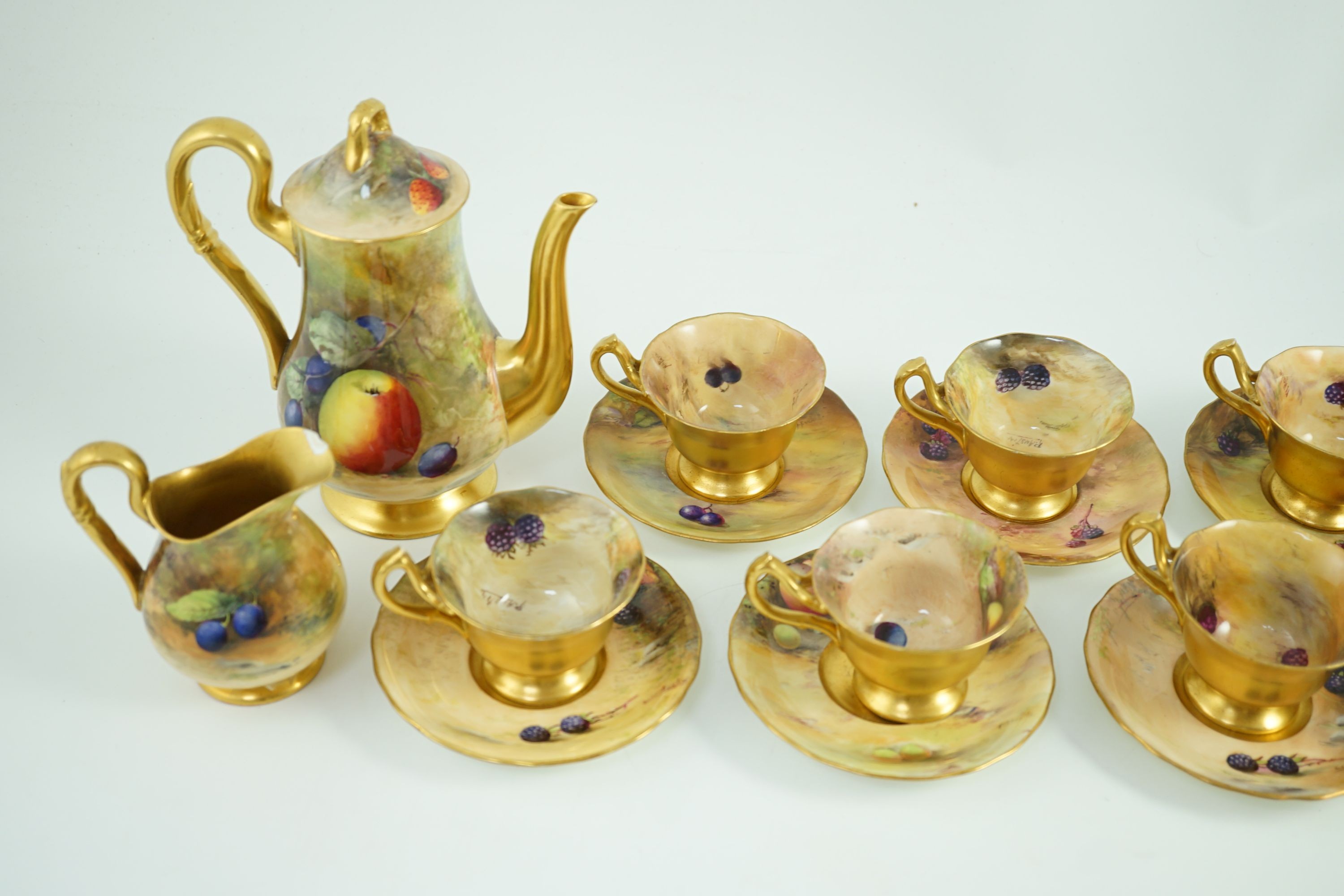 A Royal Worcester fruit painted coffee set, c.1924/25, painted by H N Price, W H and R. Austin, H. - Image 3 of 13