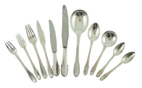 An early 20th century Georg Jensen canteen of beaded pattern silver cutlery, comprising six each