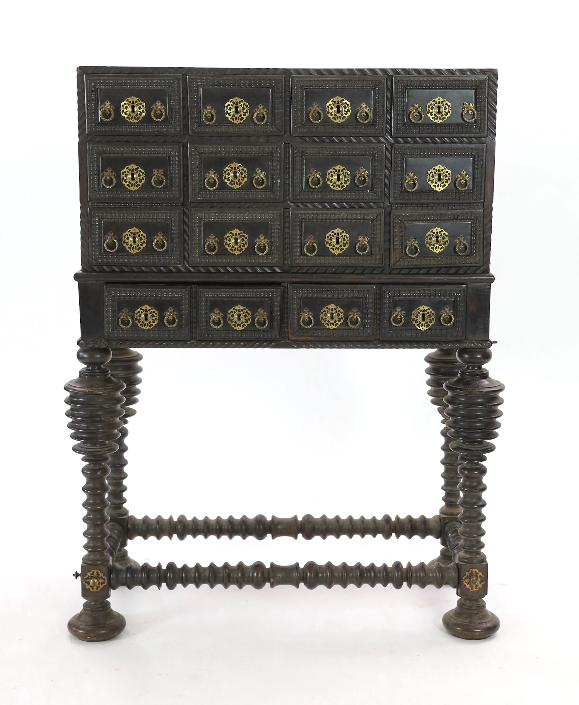 A 17th century Portuguese brass mounted ebonised rosewood Contador on stand With twelve ripple - Image 2 of 3