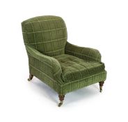 A Victorian Howard & Sons oak framed club armchair, upholstered in later checked green fabric,