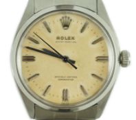 A gentleman's 1950's stainless steel Rolex Oyster Perpetual wrist watch, with baton numerals, on