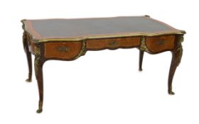 A Louis XVI style kingwood and parquetry bureau plat with ormolu mounts and three freezer drawers