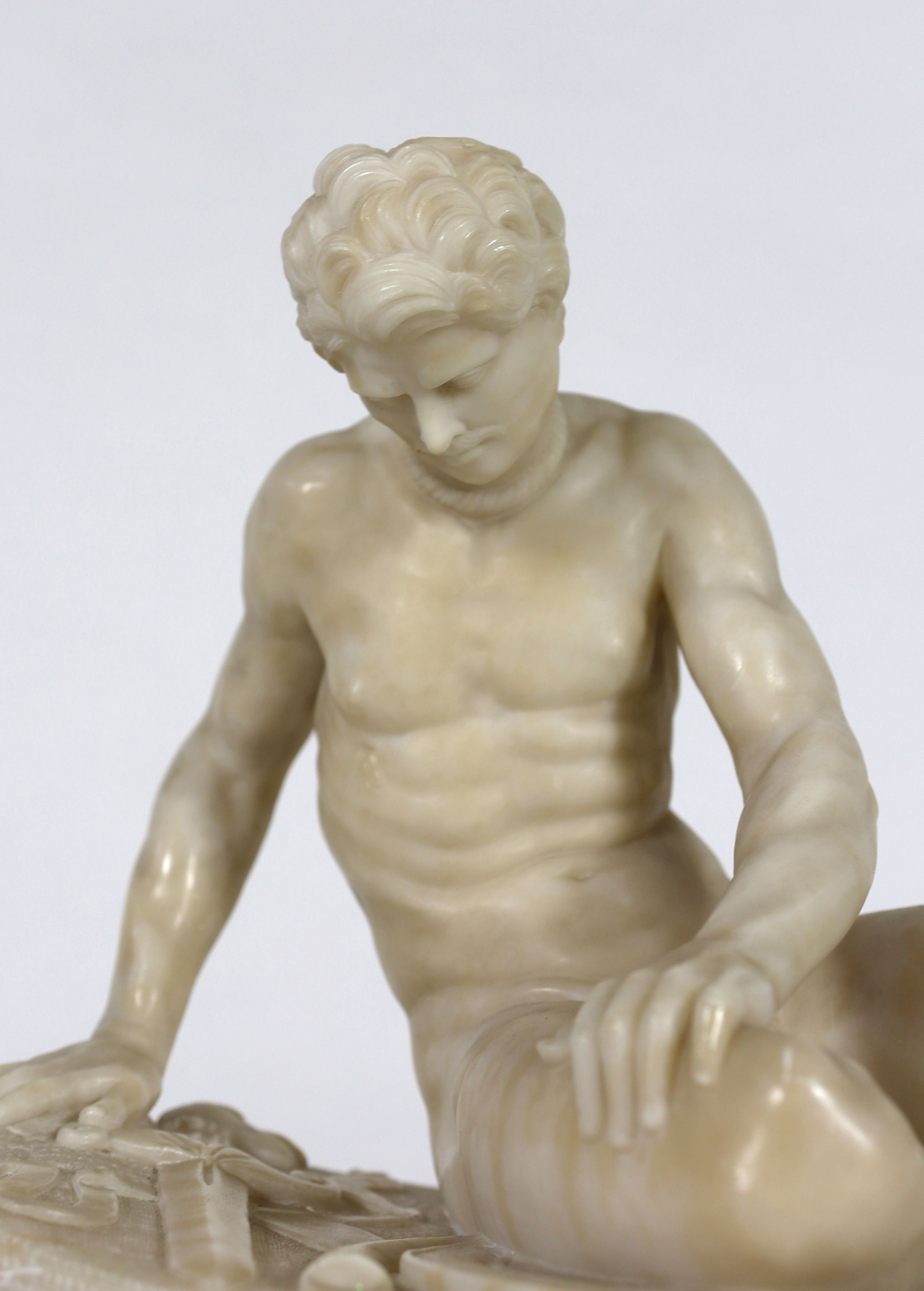 A late 19th century carved alabaster model of The Dying Gaul, on integral oval base, and moulded - Image 4 of 6