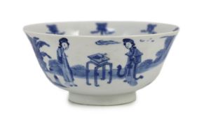 A Chinese blue and white ‘ladies’ bowl, Kangxi period, the interior painted with a lady seated on