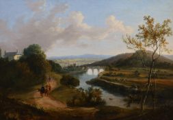 Attributed to John Laporte (1769-1839) Extensive river landscape with clergyman and other figures on