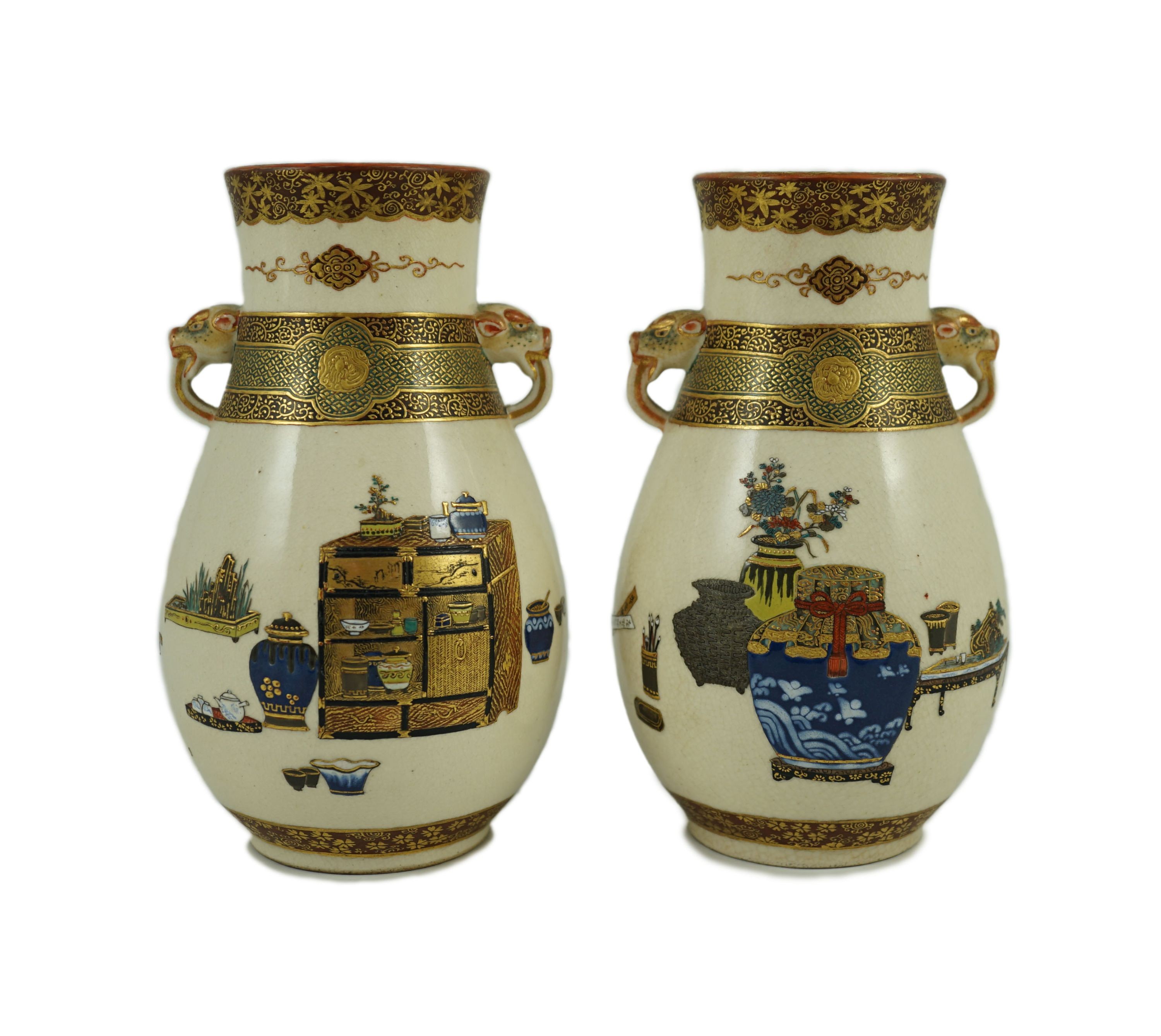 A pair of Japanese Satsuma pottery vases, by Bizan, Meiji period, of pear shape applied with a - Image 2 of 17