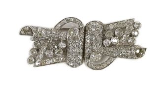 A mid 20th century Art Deco platinum and diamond cluster detachable double clip brooch, f