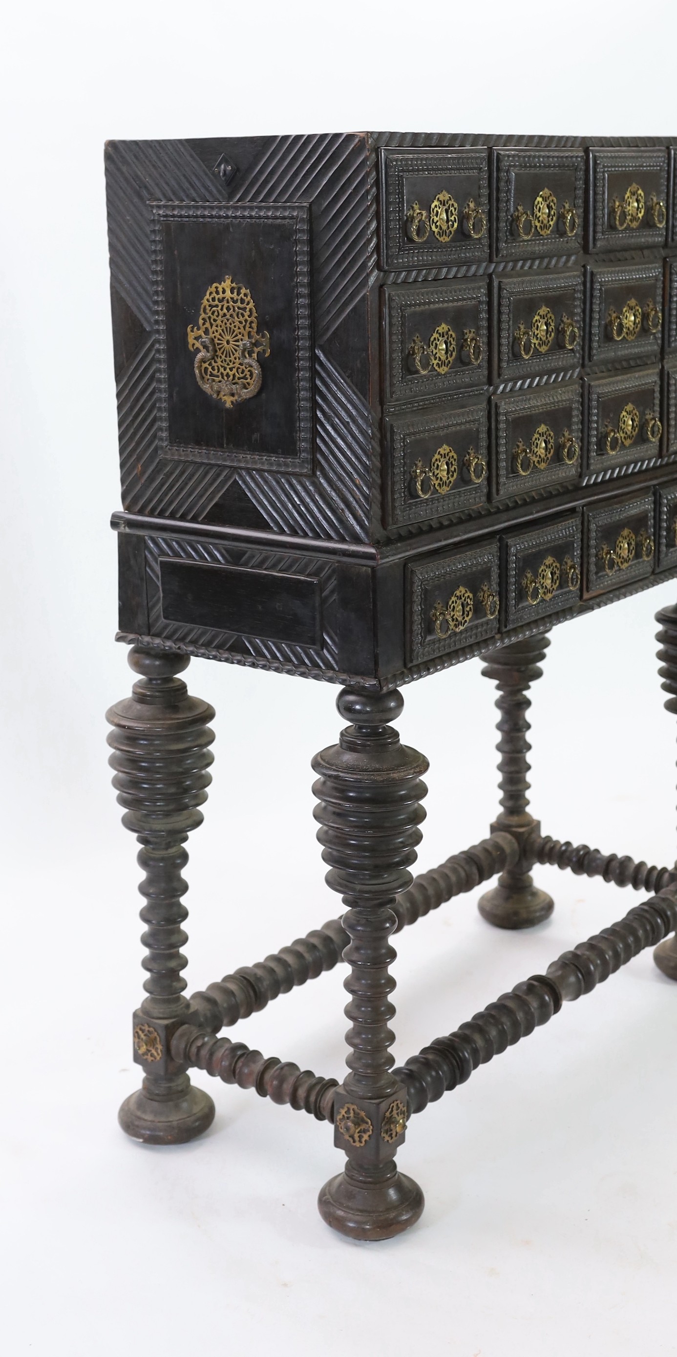 A 17th century Portuguese brass mounted ebonised rosewood Contador on stand With twelve ripple - Image 3 of 3