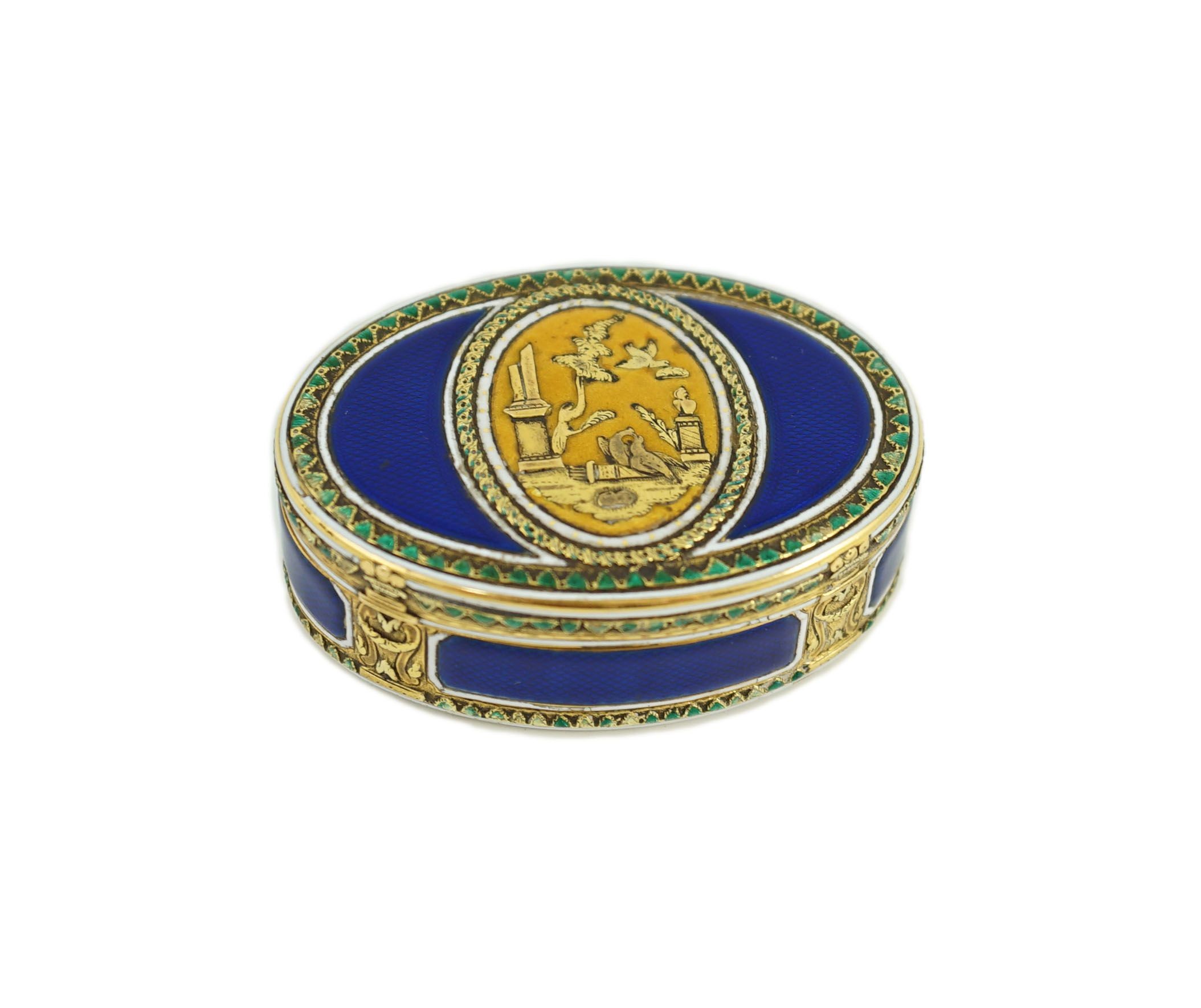 A late 18th/early 19th century French? gold and polychrome enamel oval snuff box, the central - Image 3 of 12