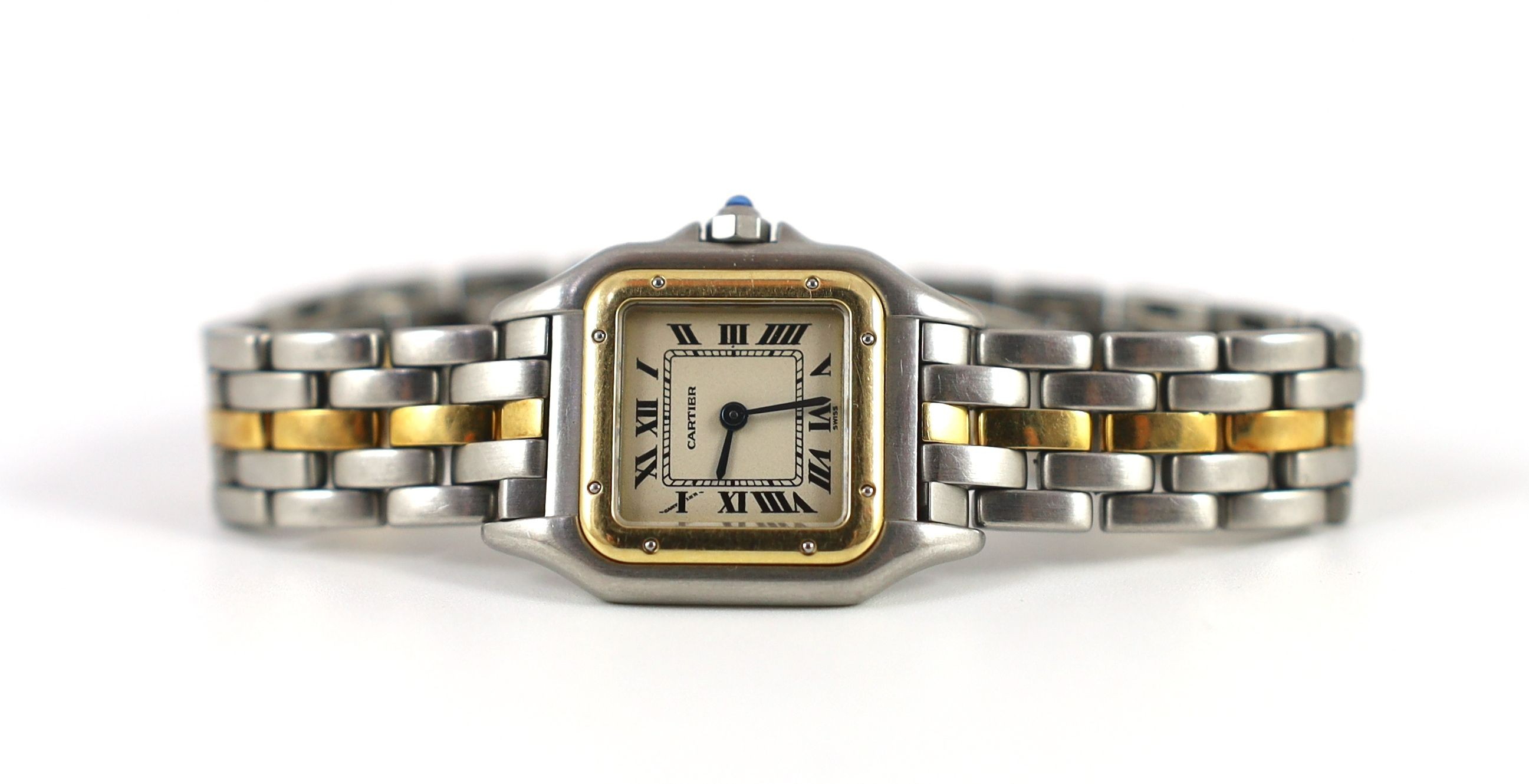 A lady's steel and gold Cartier Panthere quartz wrist watch, with Roman dial and cabochon set crown, - Image 2 of 4