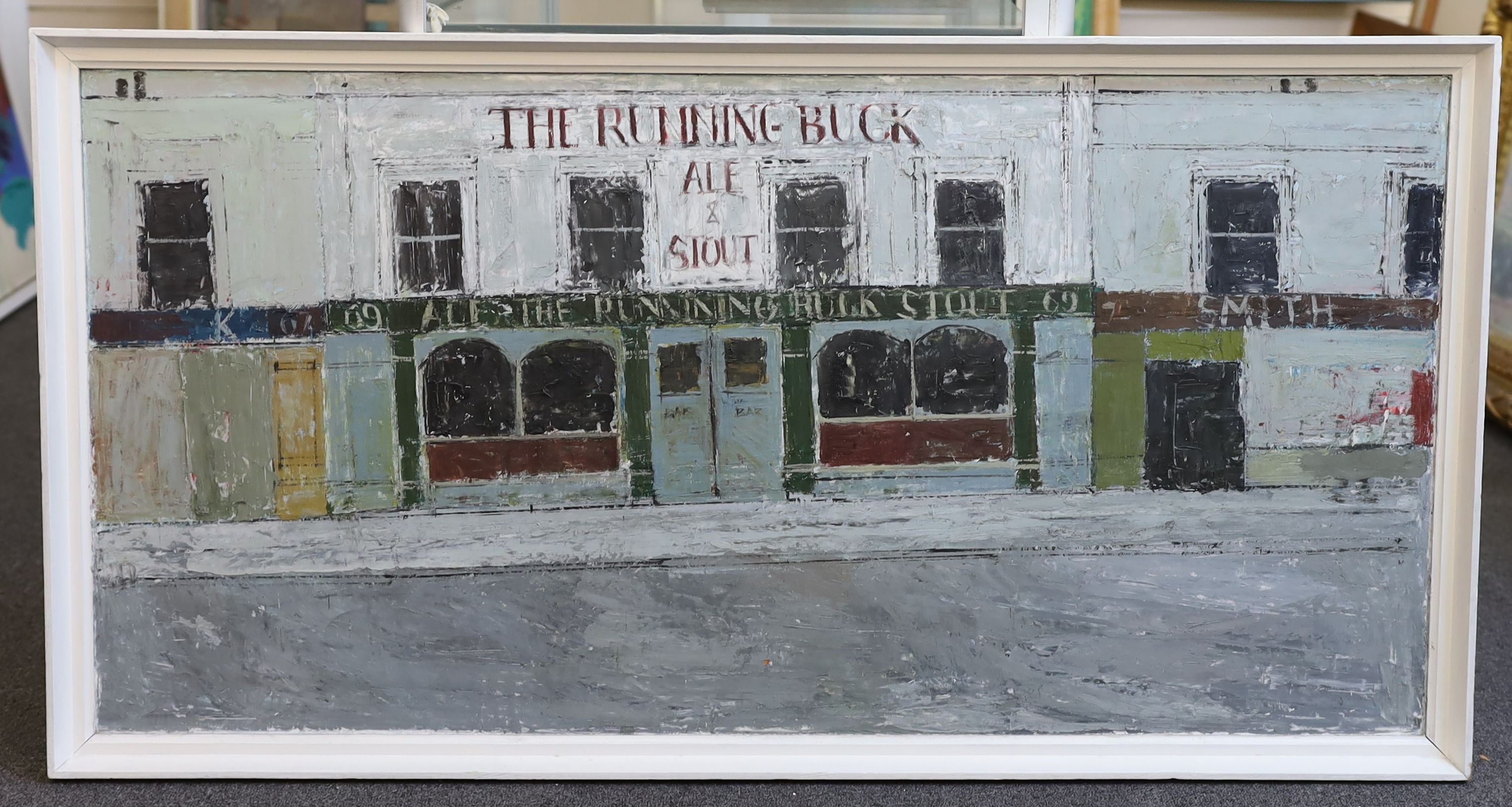 § § Brian Hagger (1935-2006) 'Façade'oil on boardsigned and dated 1964 verso60 x 121cmOil on board - Image 2 of 3