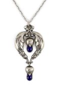 A 1920's George Jensen sterling silver and two stone lapis lazuli set drop pendant, design no. 51,
