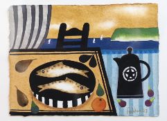 § § Mary Fedden (1915-2012) Tabletop still life with a coastal view beyondwatercoloursigned and