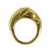 An early 20th century continental gold and diamond chip set twin dolphin crossover ring, with