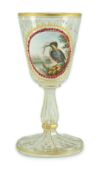 A Bohemian enamelled glass ‘Kingfisher’ goblet, late 19th century, enamelled to an oval white