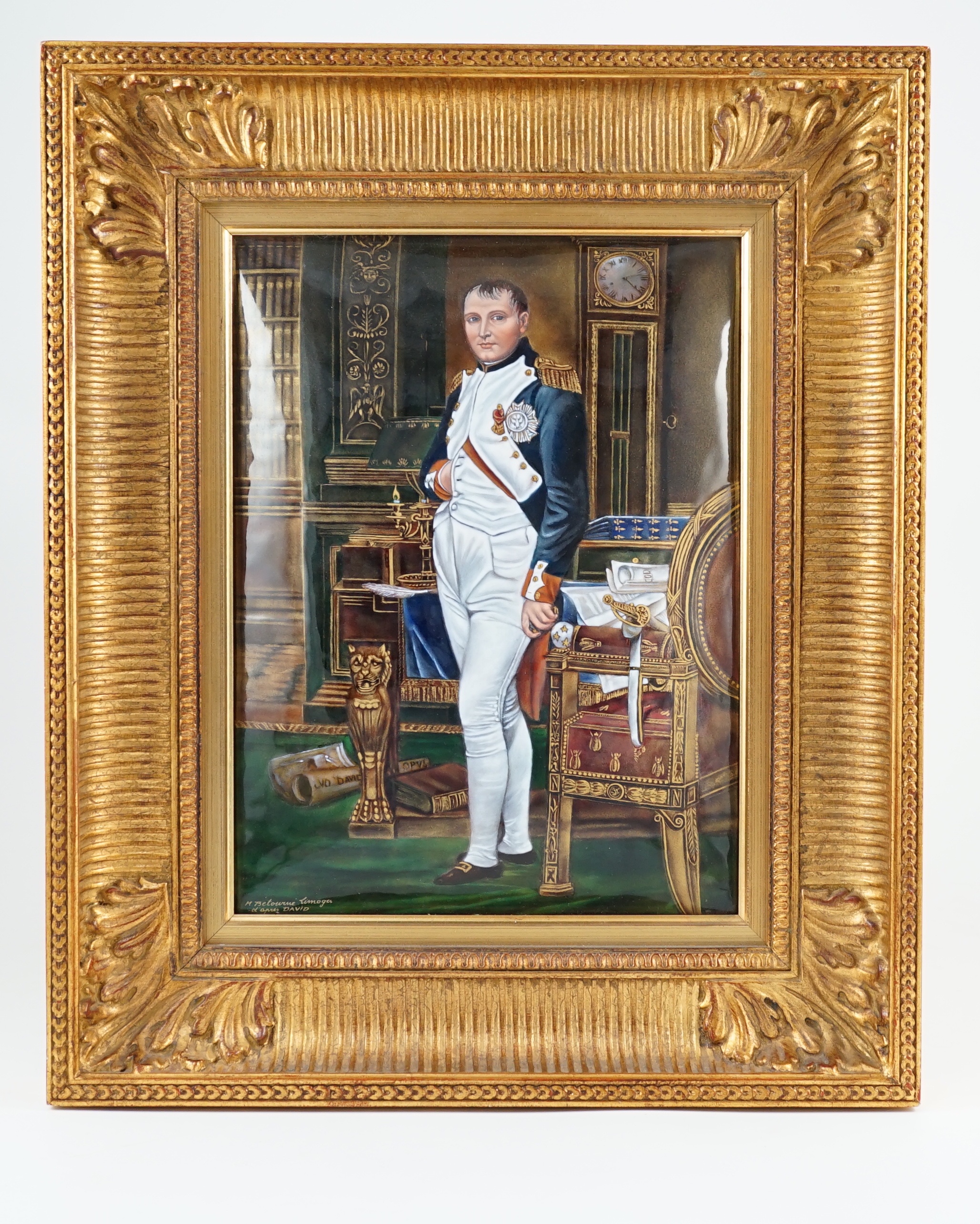 A Limoges enamel plaque of Napoleon, standing in his study, signed by M. Betowine after David, 33. - Image 7 of 10