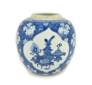 A Chinese blue and white ‘Hundred Antiques’ ovoid jar, Kangxi period, painted with antiques and