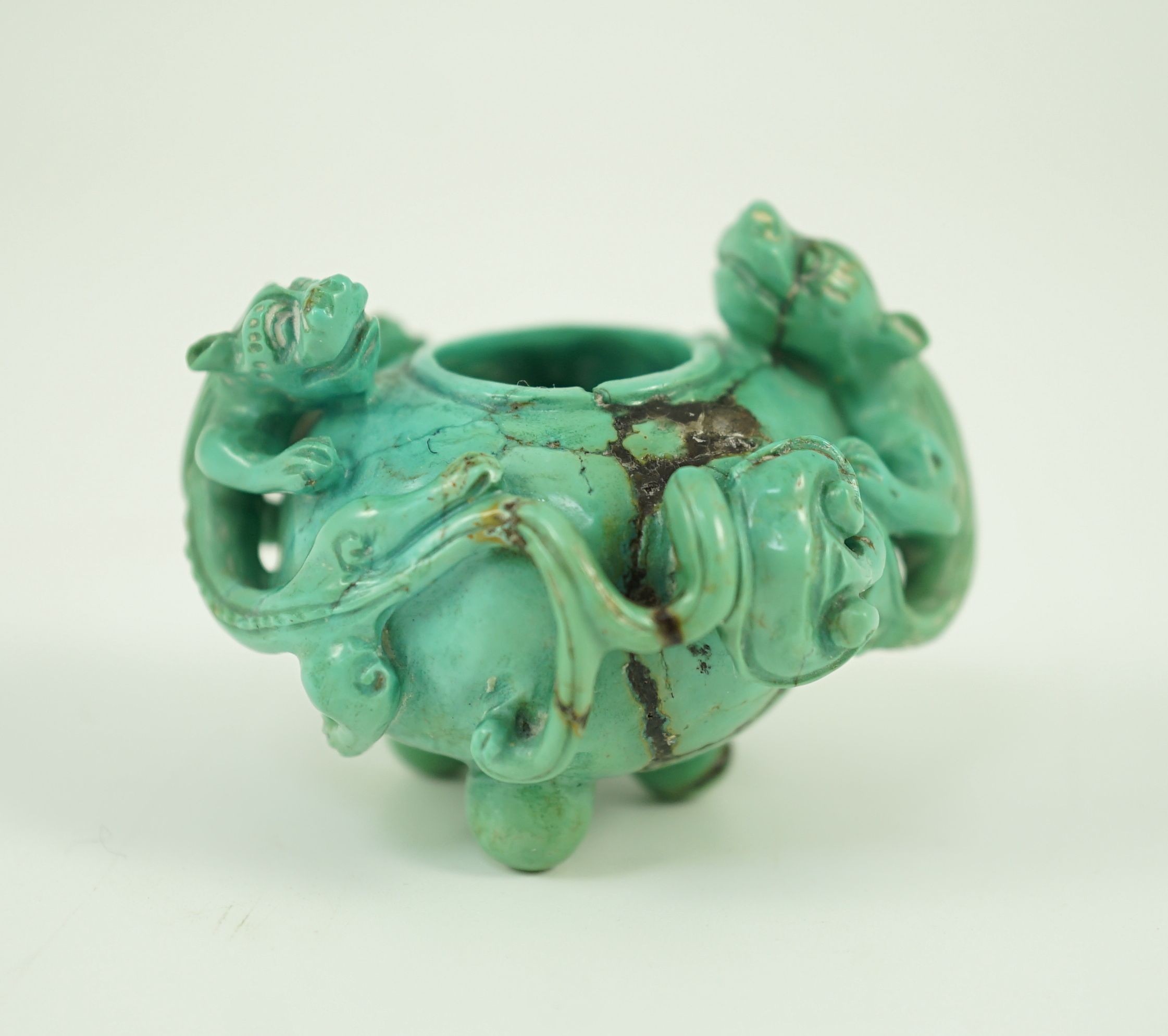 A small Chinese turquoise matrix waterpot, 18th/19th century carved in high relief and open work - Image 12 of 16